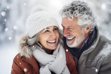 Happy playful senior couple having fun in a snowy winter outdoor