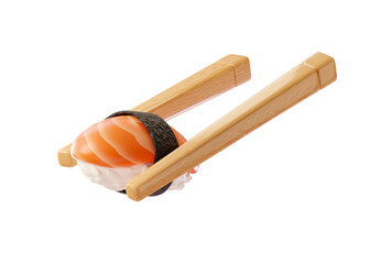 Nigiri. Japanese cuisine. Chopsticks holding sushi with salmon isolated on white background. Concept of susi, sushi bar, restaurant, delivery sea food. 3d rendered illustration