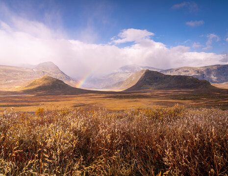 Rainbow over Vargebakkane in Jotunheim National Park in Norway