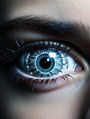 Fototapeta na wymiar Modern cyber woman with technolgy eye looking. The young woman 's eye is close-up. The concept of the new technology is iris recognition.