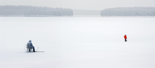 Fototapeta na wymiar A serene winter landscape, where a dedicated angler braves the cold and the ice, immersing in the beauty of nature while fishing on a snow-covered lake.