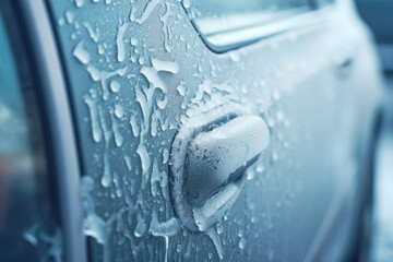 In the midst of a winter blizzard, a car's frozen door handle, covered in snow and frost, requires the use of a scraper on a cold January morning.
