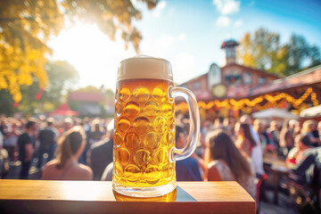 The inviting sight of a glass of beer in a pub garden, where the golden beverage and frothy head beckon as a cool and enjoyable refreshment.