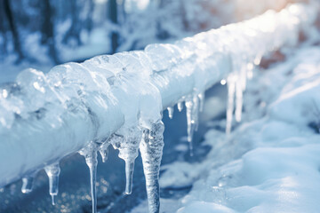 In the midst of a cold January day, sharp icicles hang from frozen water pipes - obrazy, fototapety, plakaty