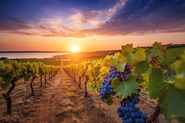 A scenic vineyard at sunset, where rows of green grapevines bask in the warm, golden glow of the...
