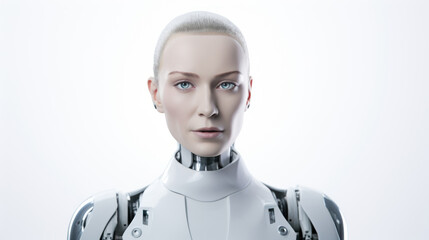 Female robot face closeup on white blurred digital background. Artificial intelligence in virtual reality. Robot head conceptual design closeup portrait.