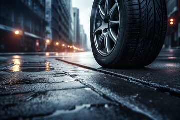 Car Tires on Urban Asphalt Road