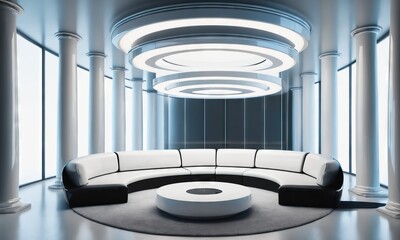 columns with a rounded couch futuristic room, spiral