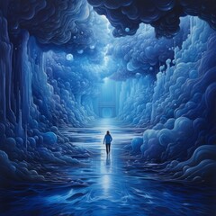a person walking in a tunnel of water