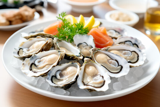 Close up of fresh raw oysters on white plate in background of modern restaurant. Lifestyle concept of food and dish.