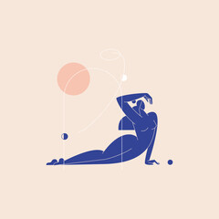 Contemporary woman silhouette vector illustration. Nude female body, mid century colored feminine figure, geometric shape abstract composition. Beauty, body care concept for logo, branding. Modern art - 671560732