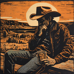 Fototapeta na wymiar Wood Print Artwork of a Cowboy Drinking a Mug of Coffee