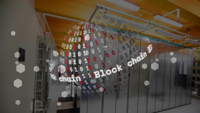 Animation of block chain text and binary coding over spinning globe against computer server room