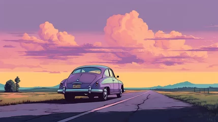 Deurstickers retro classic car and sunset © Danu