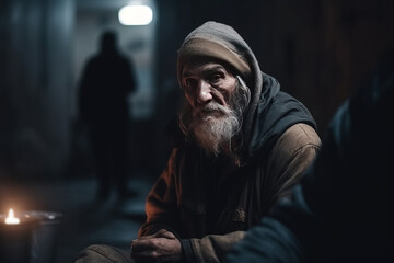 Poor beggar homeless man on a city street. The social problem of hunger and unemployment. AI generated.