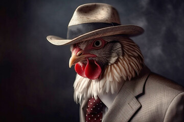 Rooster gentleman in a suit, tie, hat and glasses on a black background. AI generated.