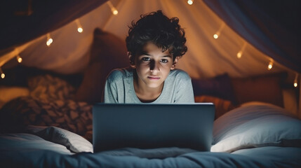 indian boy using laptop till late night - obrazy, fototapety, plakaty