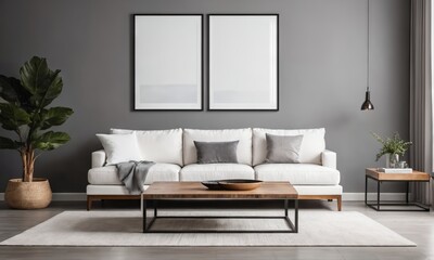 Fototapeta na wymiar Wooden square coffee table near white sofa in room with grey wall with art poster.