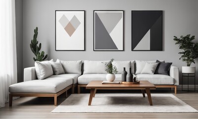 Wooden square coffee table near white sofa in room with grey wall with art poster.