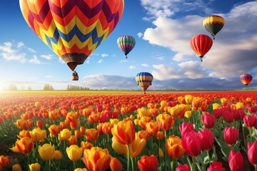 Colorful Hot Air Balloons Over Beautiful Flower Landscape