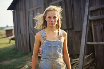 Fototapeta premium Young blonde woman in dirty short overalls standing in her farm.