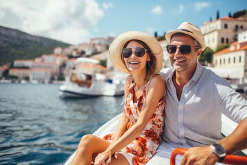 Fototapeta na wymiar Summer Day Bliss: Couple on Boat Cruise Vacation