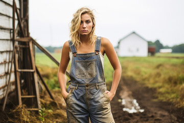 Young blonde woman in short overalls standing in dirty farm. - obrazy, fototapety, plakaty