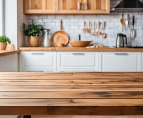 Fototapeta na wymiar Wooden table on blurred kitchen bench background. 