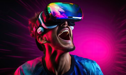 Man wearing a virtual reality helmet. Synthwave dark purple and light green,