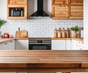 Wooden table on blurred kitchen bench background. 