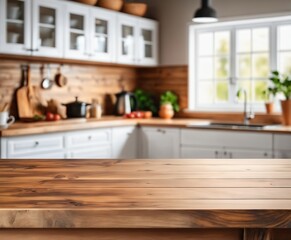 Wooden table on blurred kitchen bench background. 