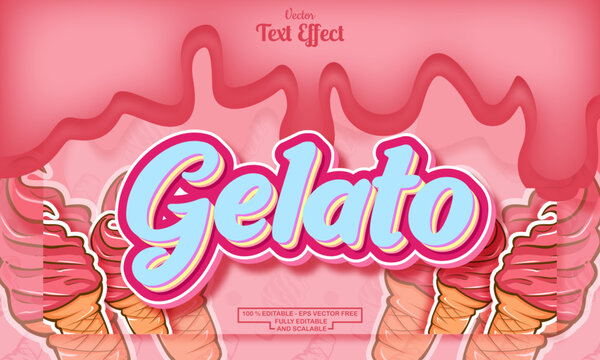 gelato editable text effect on melting background with pink ice cream hand drawn pattern