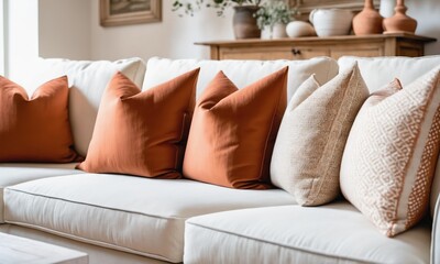 Fototapeta na wymiar Close up of fabric sofa with white and terra cotta pillows