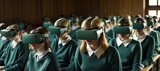Fototapeta na wymiar VR students in the classroom using vr headsets futuristic retro.