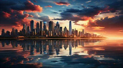 Sunset over city skyline with reflections in water, iconic tower and bridge in view. - obrazy, fototapety, plakaty