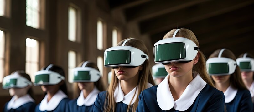 VR students in the classroom using vr headsets futuristic retro.