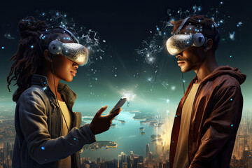 Two people with the VR phones looking at each other in front of stars in space.