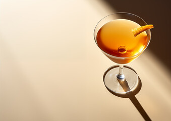 Cosmopolitan cocktail served in martini glass, close up side view with shadow on white surface