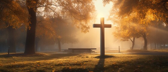 Morning Serenity with Jesus Christ's Cross in the Park