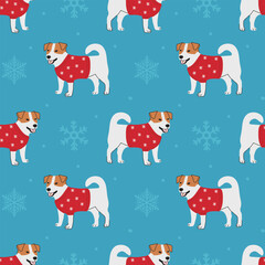 Seamless pattern with Christmas Jack Russell terrier in hand drawn style. Background for wrapping paper, greeting cards and seasonal designs.