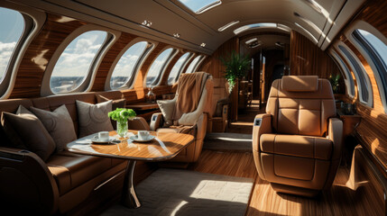 luxury interior in the modern business jet and sunlight at the window/sky and clouds through the porthole.