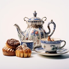 a tea set with muffins and a teapot