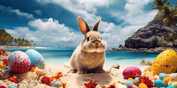 happy bunny with many easter eggs on grass festive background for decorative design Cute Easter bunny with Easter eggs on beach. Generative AI