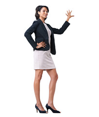 Woman, teacher and hand for presentation in studio for student project, study information in formal job fashion. Black person, portrait and arm for training learning, mockup space on white background