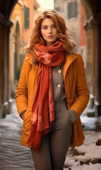 a woman in a orange coat