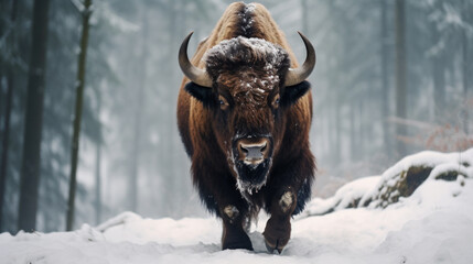 bison on snowy forest