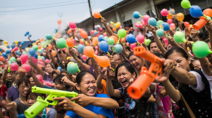 Fototapeta premium Crowds celebrating Thai New Year at Songkran Water Festival.