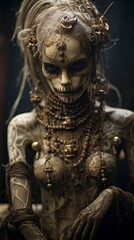 a woman with a mask and necklace