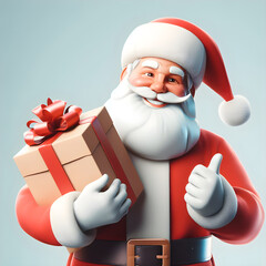 Santa Claus in 3d, smiling and holding a big package of cream gifts. blue background