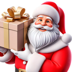 Santa Claus in 3d, smiling and holding a big package of cream gifts.white background